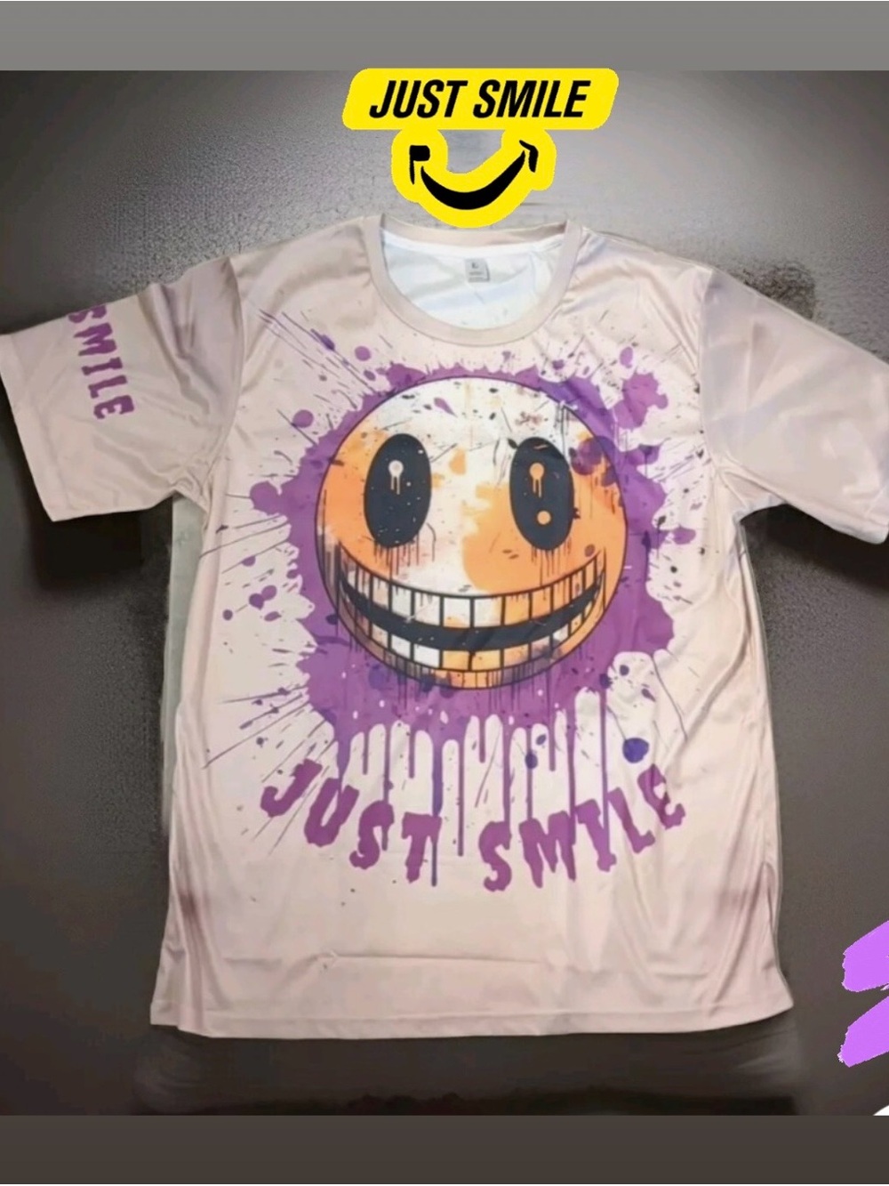 Men Short Sleeve Tee - Cream with Purple & Orange Smiley Graphic